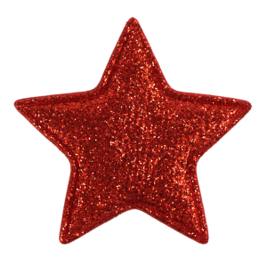 Pojedyncza gwiazdka dekoracyjna o wymiarach 5,5x5,5 cm w kolorze czerwonym. Wykonana z miękkiego materiału, jedna strona pokryta błyszczącym brokatem.