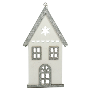 Drewniany domek dekoracyjny 15 cm w kolorze białym ze srebrnymi brokatowymi wykończeniami, widoczny od frontu.