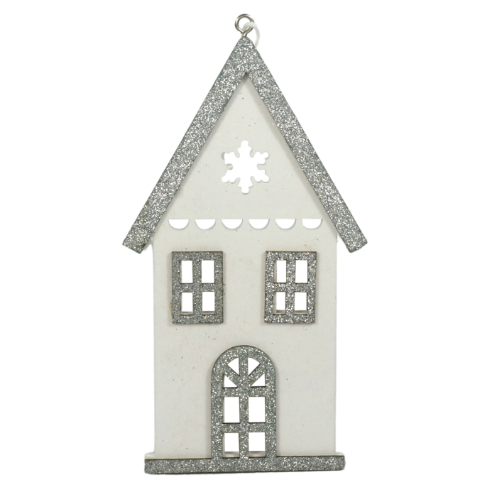 Drewniany domek dekoracyjny 15 cm w kolorze białym ze srebrnymi brokatowymi wykończeniami, widoczny od frontu.