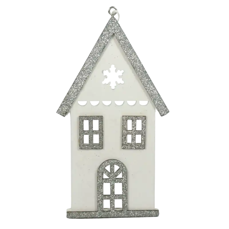 Drewniany domek dekoracyjny 15 cm w kolorze białym ze srebrnymi brokatowymi wykończeniami, widoczny od frontu.