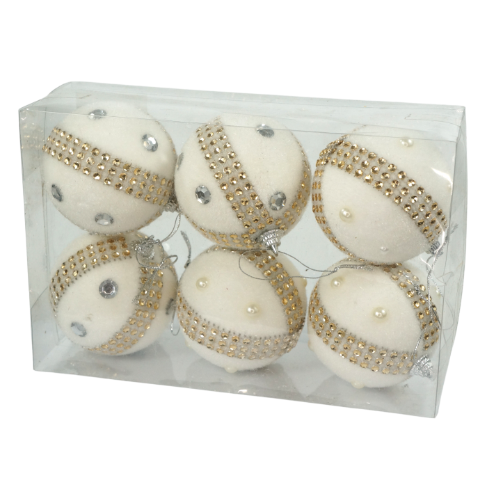 bombki choinkowe, bombki świąteczne, ozdoby choinkowe, zawieszki świąteczne, dekoracje bożonarodzeniowe, bombki 7 cm, komplet bombek, nietłukące bombki, bombki białe, ozdoby z cyrkoniami, ozdoby na choinkę