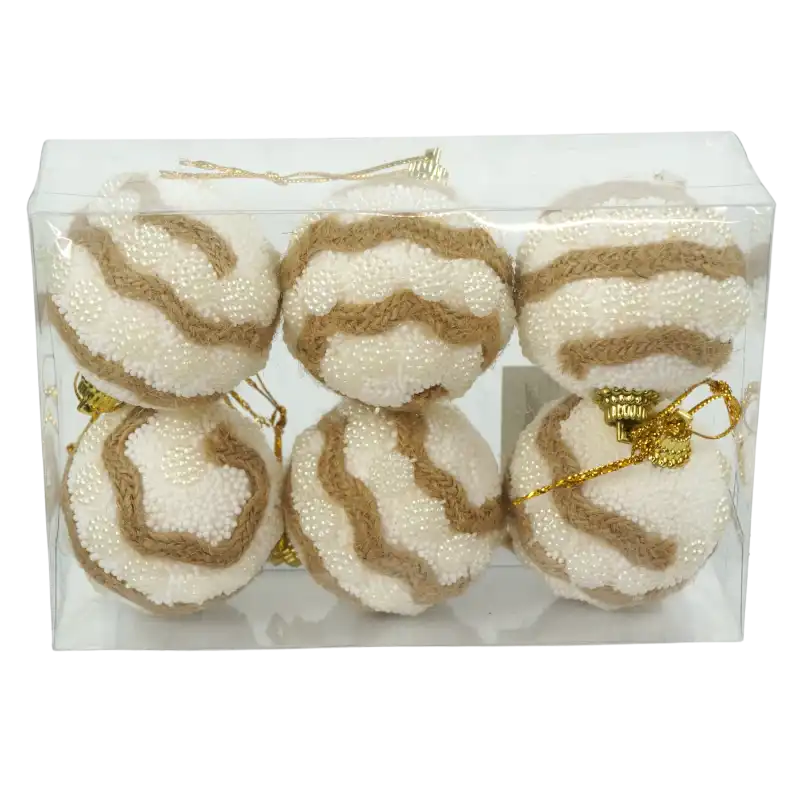 Rustykalne bombki choinkowe 5 cm w zestawie 6 sztuk, zapakowane w przezroczyste pudełko z widocznymi złotymi zawieszkami.