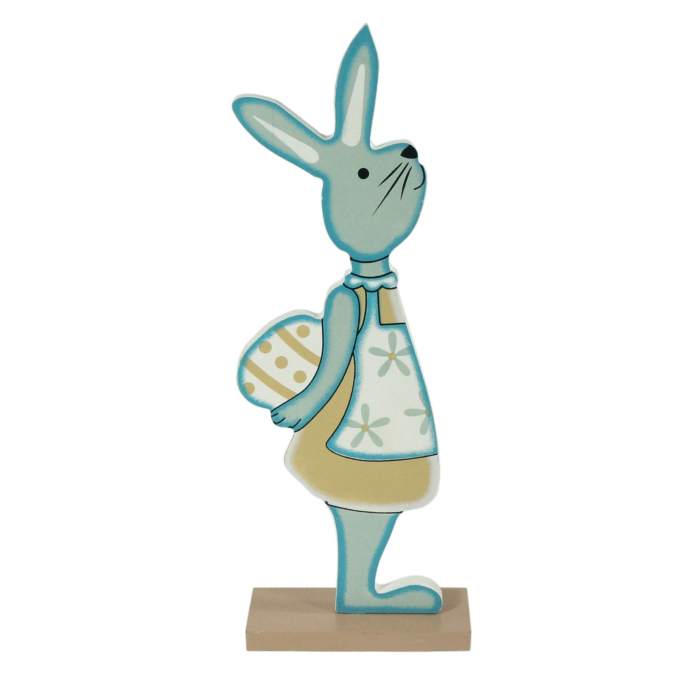 Drewniana figurka zajączka 26 cm z pisanką, widoczna w pełnym profilu. Pastelowa dekoracja wielkanocna na podstawie.