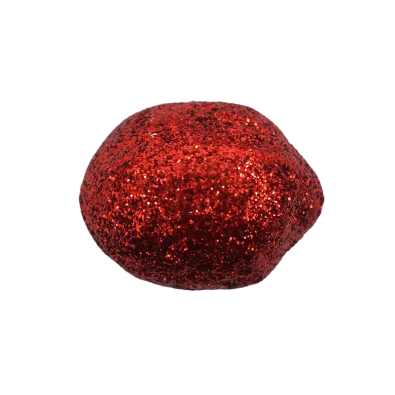 Zbliżenie na pojedynczą złotą kulkę dekoracyjną o wymiarach 3x2 cm, wyraźnie widać strukturę brokatu na powierzchni.