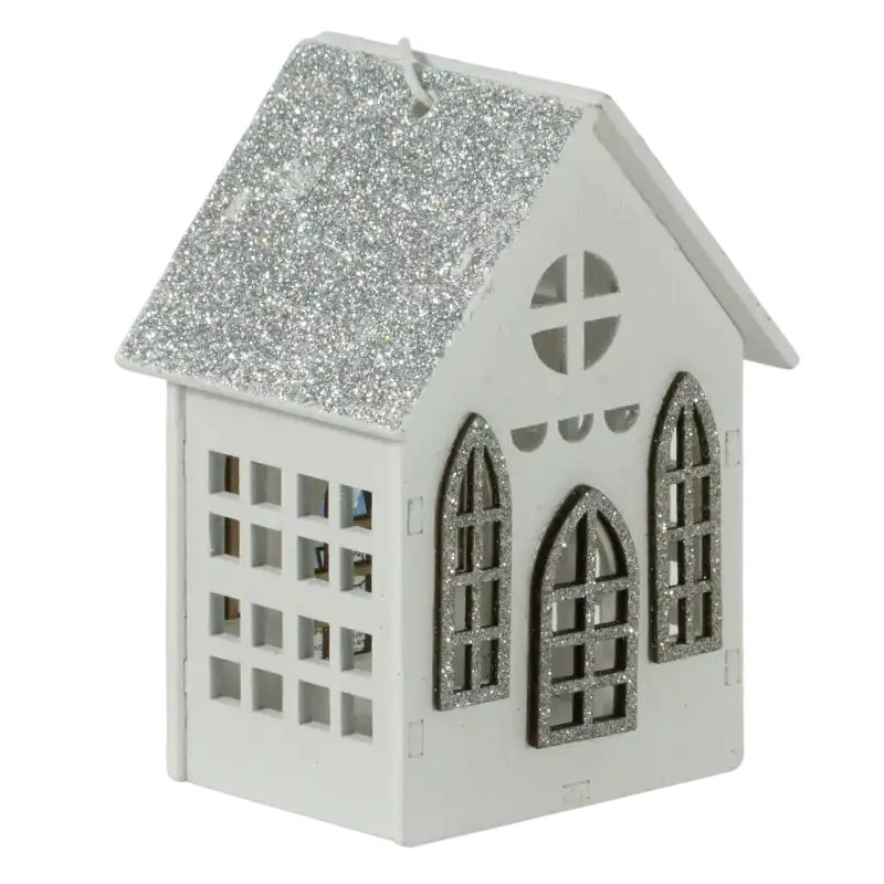 Drewniany domek zawieszka o wysokości 10 cm, pomalowany na biało ze srebrnym brokatem na dachu, drzwiach i oknach. Posiada sznurek umożliwiający zawieszenie dekoracji.