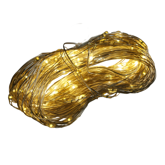 Lampki 100 LED na baterie emitujące białe ciepłe światło na elastycznym druciku. Nastrojowe świecące ozdoby i lampki LED do dekoracji wnętrz.