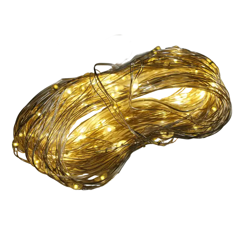 Lampki 100 LED na baterie emitujące białe ciepłe światło na elastycznym druciku. Nastrojowe świecące ozdoby i lampki LED do dekoracji wnętrz.