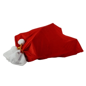 Prezentacja worka Mikołaja w pozycji leżącej, uwydatniająca pojemną formę oraz eleganckie dodatki w kolorze bieli i złota.