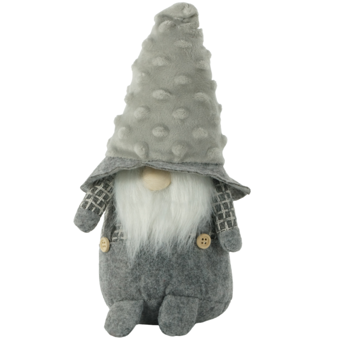 Filcowe skrzaty chłopiec 24 cm w kolorze szarym. Figurka posiada czapkę z wypukłym wzorem, miękką białą brodę oraz drewniane guziki na szelkach. Dekoracja w pozycji siedzącej.