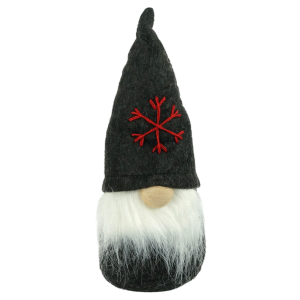 Filcowe skrzaty: świąteczna figurka chłopca o wysokości 16 cm w czarnej czapce z czerwonym płatkiem śniegu i białą brodą.