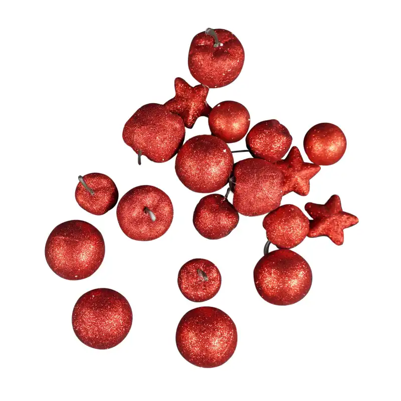 Zestaw 20 czerwonych ozdób: jabłka 3-4,5 cm, kule 2-4 cm i gwiazdki. Brokatowe elementy do świątecznych kompozycji.