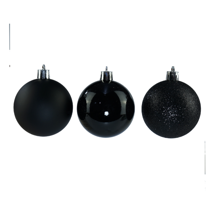 Zestaw 18 czarnych bombek choinkowych o średnicy 5 cm. W komplecie trzy rodzaje wykończeń: matowe, błyszczące oraz z brokatem, wraz z ozdobnymi nitkami do zawieszenia.