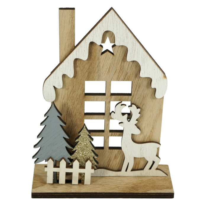 Drewniany domek o wysokości 17 cm z figurką renifera i dwiema choinkami w złoto-szarej kolorystyce. Idealna dekoracja na święta.