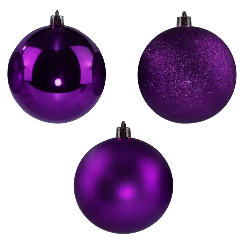 Zestaw 6 nietłukących fioletowych bombek o średnicy 7 cm. Komplet zawiera ozdoby w wykończeniu błyszczącym, brokatowym i matowym wraz z praktycznymi zawieszkami do dekoracji.
