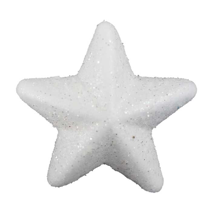 Zbliżenie na pojedynczą białą gwiazdkę z brokatem o średnicy 5,5 cm. Styropianowa dekoracja świąteczna o grubości 2 cm.