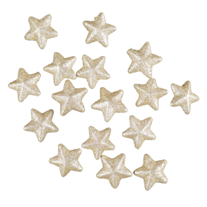 Zestaw 16 złotych gwiazdek z brokatem o średnicy 3,5 cm. Te artykuły dekoracyjne ze styropianu są idealne do tworzenia świątecznych kompozycji, stroików lub jako ozdoba stołu.