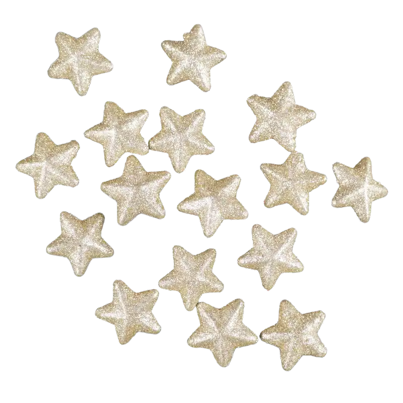 Zestaw 16 złotych gwiazdek z brokatem o średnicy 3,5 cm. Te artykuły dekoracyjne ze styropianu są idealne do tworzenia świątecznych kompozycji, stroików lub jako ozdoba stołu.