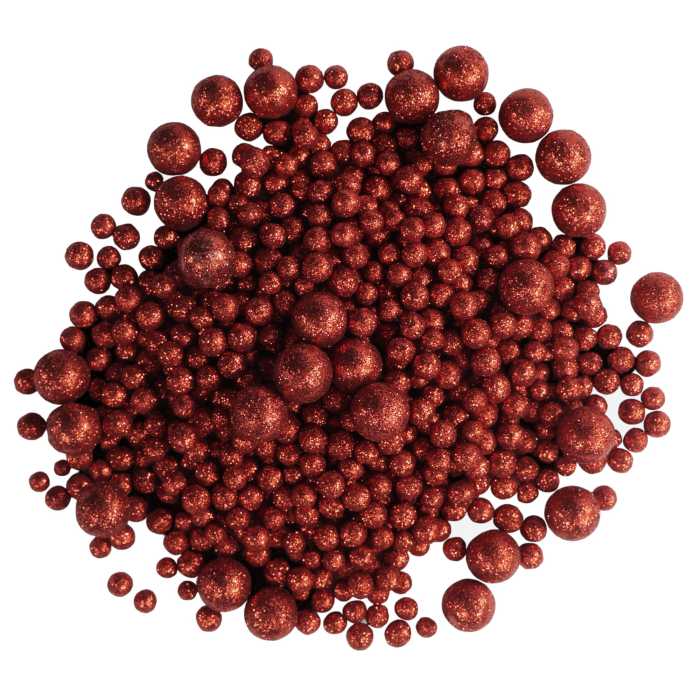 Zestaw czerwonych kulek ozdobnych pokrytych brokatem o średnicy od 5 mm do 1,5 cm, przeznaczonych do stroików.