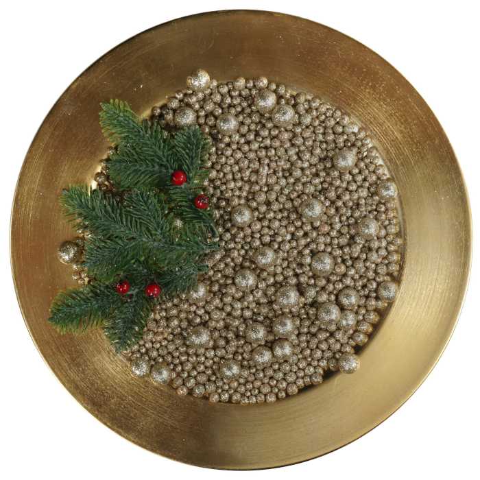 Złote kuleczki dekoracyjne 5 mm - 1,5 cm umieszczone na złotej paterze wraz z gałązkami. Wyjątkowe artykuły dekoracyjne do świątecznych aranżacji stołu.
