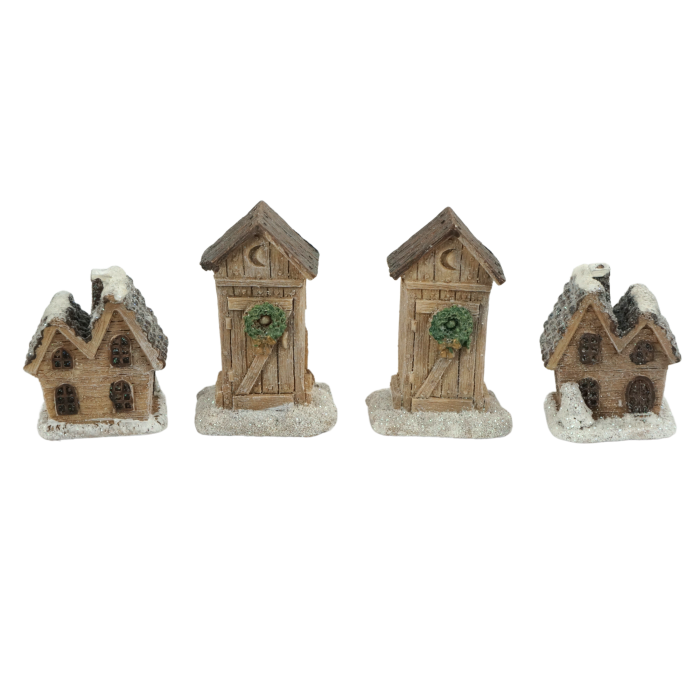 Komplet czterech świątecznych domków dekoracyjnych, w tym dwa wzory o wymiarach 7x3x4 cm i 5x3x4 cm, oprószonych błyszczącym brokatem.