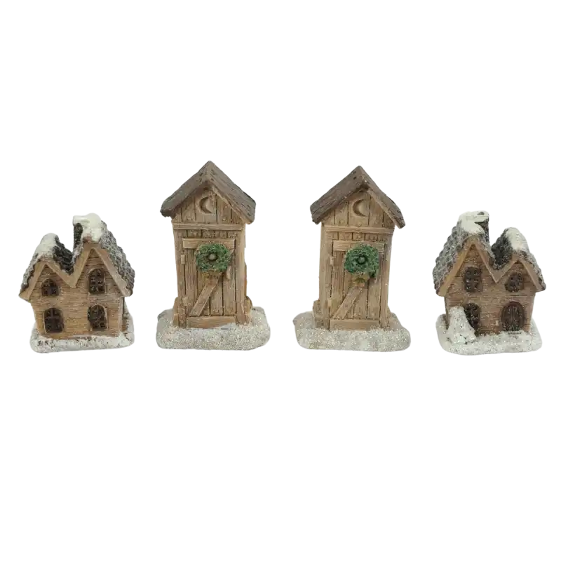 Komplet czterech świątecznych domków dekoracyjnych, w tym dwa wzory o wymiarach 7x3x4 cm i 5x3x4 cm, oprószonych błyszczącym brokatem.