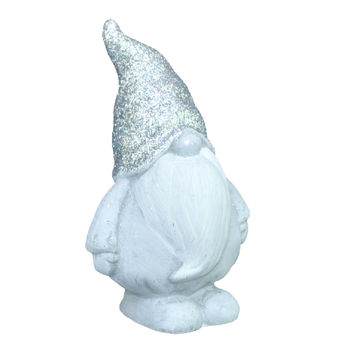 Szary gipsowy skrzat świąteczny o wysokości 18 cm, ukazany w ujęciu półprofilowym, eksponującym brokatową czapkę.