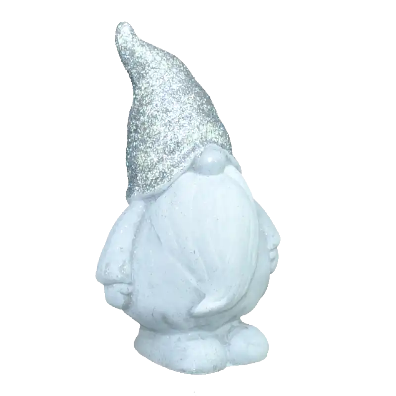 Szary gipsowy skrzat świąteczny o wysokości 18 cm, ukazany w ujęciu półprofilowym, eksponującym brokatową czapkę.