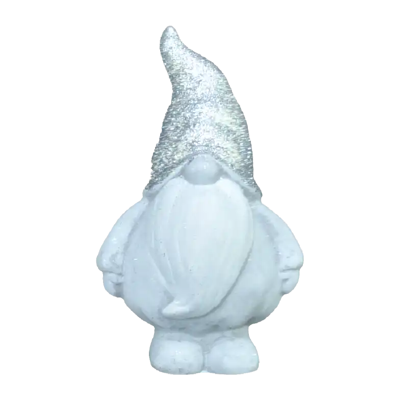 Skrzaty gipsowe 18 cm w kolorze szarym, ozdobione błyszczącym brokatem na czapce, prezentowane w ujęciu frontalnym.
