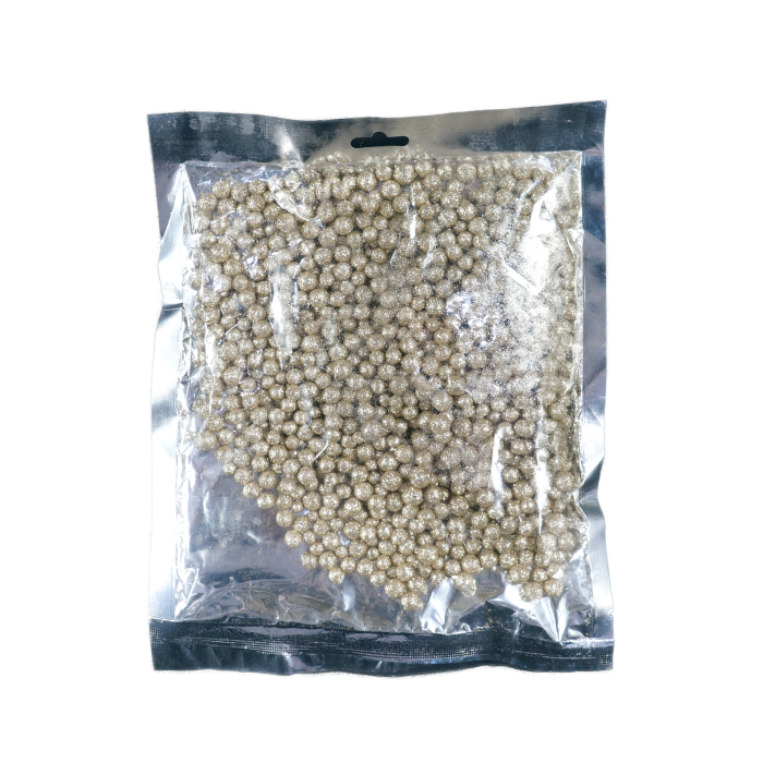 Zestaw kulek styropianowych w opakowaniu. Brokatowe kule ozdobne o średnicy 2-7 mm, gotowe do użycia w dekoracjach.