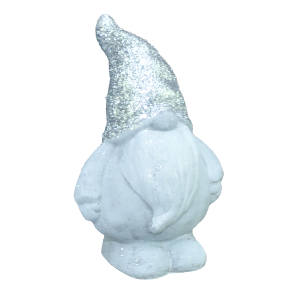 Prezentacja figurki skrzata w ujęciu lekko z boku, ukazująca strukturę gipsowej powierzchni oraz brokatowe wykończenie czapki.