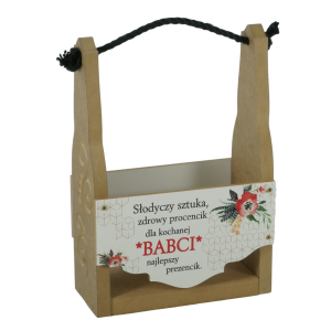 Skrzynka prezentowa na Dzień Babci 32 cm z naturalnego materiału, wyposażona w sznurową rączkę oraz ozdobny napis z motywem kwiatowym z przodu.