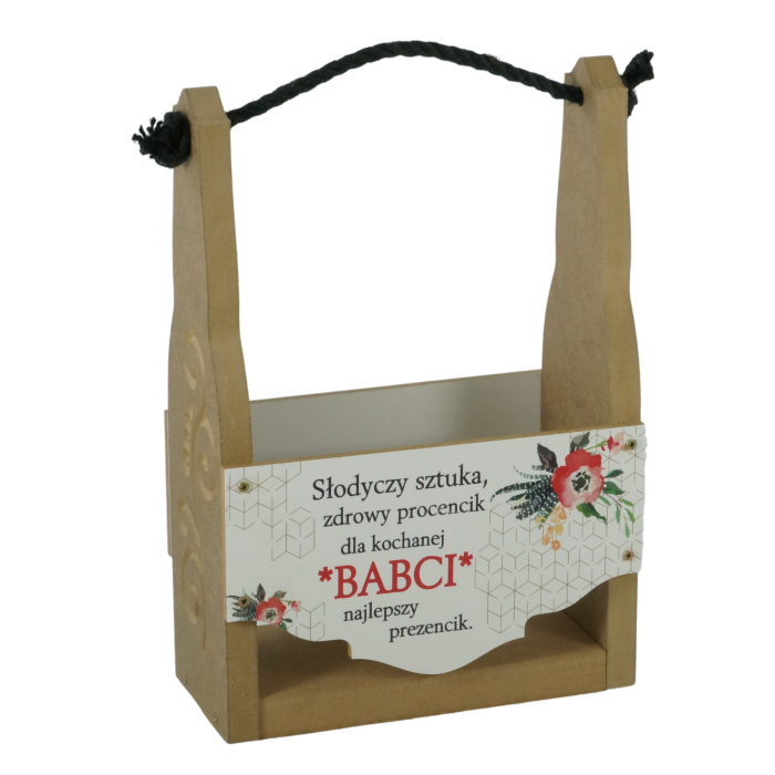 Skrzynka prezentowa na Dzień Babci 32 cm z naturalnego materiału, wyposażona w sznurową rączkę oraz ozdobny napis z motywem kwiatowym z przodu.