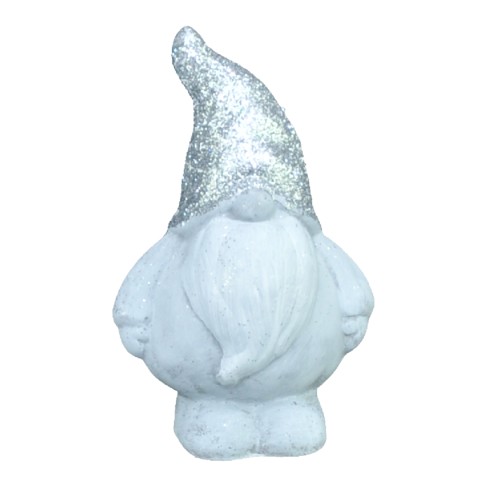 Skrzaty gipsowe o wysokości 14 cm w kolorze szarym. Figurka posiada czapkę oraz ciało oprószone błyszczącym brokatem, co nadaje jej świąteczny charakter. Ujęcie frontalne.