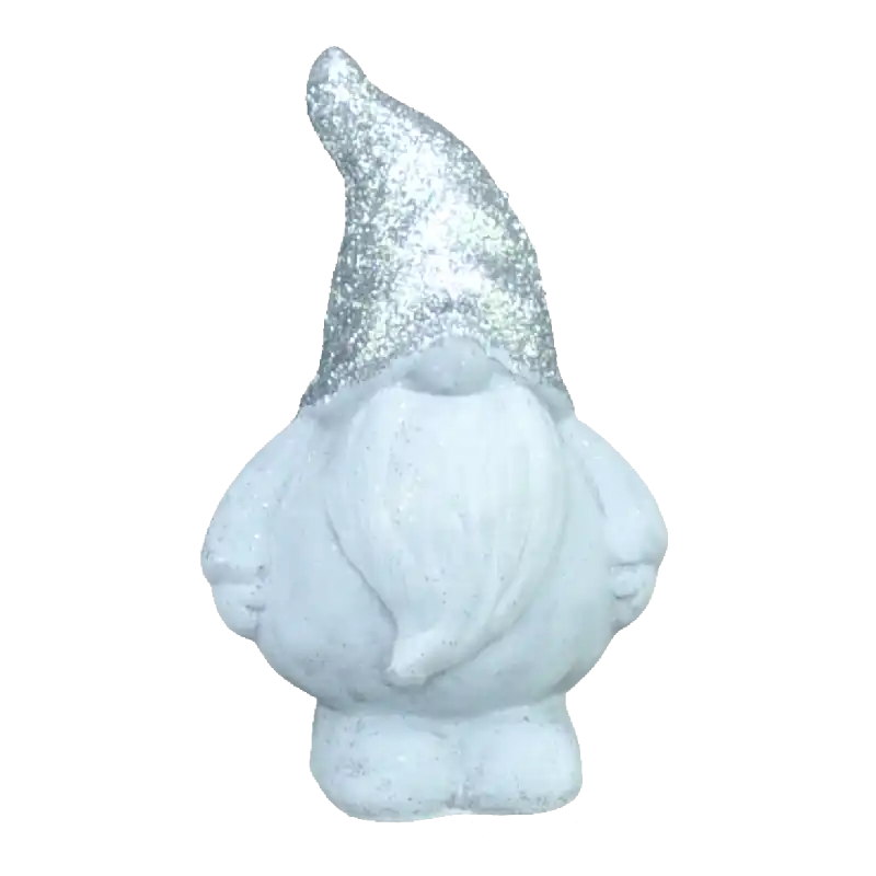 Skrzaty gipsowe o wysokości 14 cm w kolorze szarym. Figurka posiada czapkę oraz ciało oprószone błyszczącym brokatem, co nadaje jej świąteczny charakter. Ujęcie frontalne.
