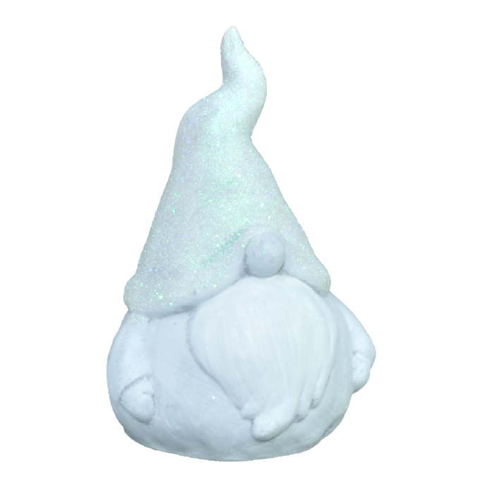 Skrzat gipsowy dekoracyjny 17 cm w kolorze szarym. Figurka posiada czapkę ozdobioną błyszczącym brokatem, idealna jako bożonarodzeniowa ozdoba komody lub kominka.