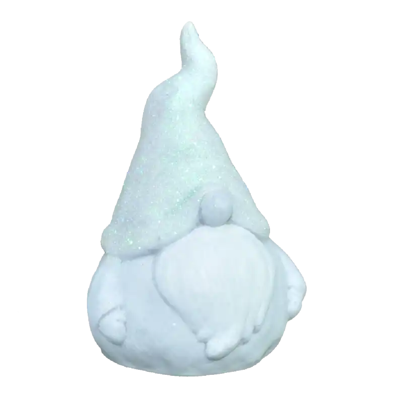 Skrzat gipsowy dekoracyjny 17 cm w kolorze szarym. Figurka posiada czapkę ozdobioną błyszczącym brokatem, idealna jako bożonarodzeniowa ozdoba komody lub kominka.