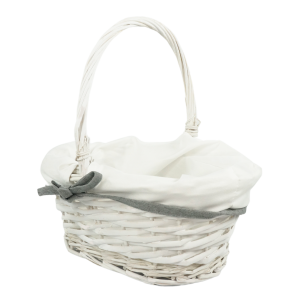 Owalny kosz wiklinowy 27 cm w kolorze białym z wyjmowanym białym materiałem wykończonym ozdobną szarą tasiemką z kokardą. Klasyczny dodatek do wnętrz.