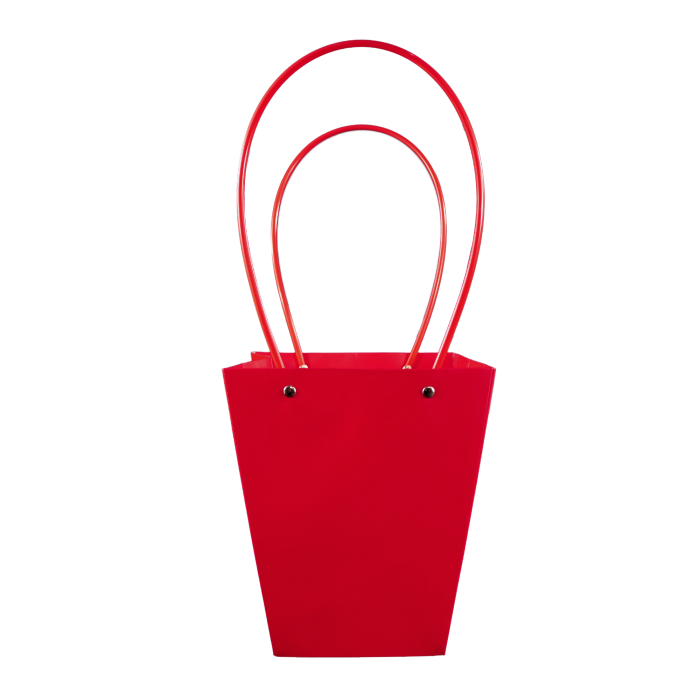 Czerwona torebka na kwiaty o wysokości 42 cm z dwoma uchwytami. Estetyczna oprawa prezentowa wykonana z papieru i tworzywa, idealna do kwiatów.
