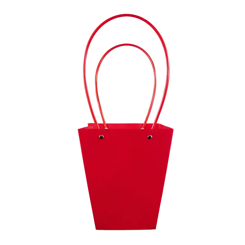 Czerwona torebka na kwiaty o wysokości 42 cm z dwoma uchwytami. Estetyczna oprawa prezentowa wykonana z papieru i tworzywa, idealna do kwiatów.