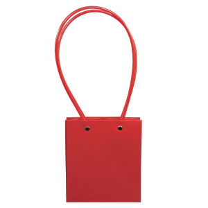 Czerwona torebka na kwiaty o wysokości 36 cm z dwoma uchwytami, wykonana z papieru. Produkt idealny do aranżacji roślin.