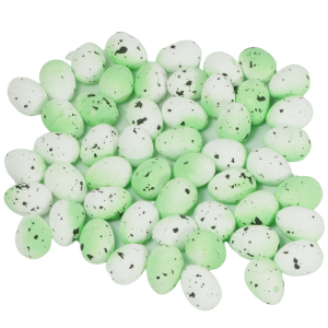 Komplet 50 zielonych jajeczek wielkanocnych o rozmiarze 2,5 cm. Pisanki wykonane ze styropianu z naturalnym nakrapianym wzorem, idealne do tworzenia wiosennych stroików.