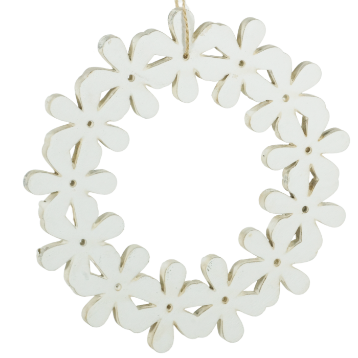 Zawieszka drewniana biały wianek w kwiatki 15 cm, dekoracja, ozdoba wisząca
