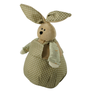 Zbliżenie na miękkiego zajączka wielkanocnego z profilu. Widoczna struktura materiału w kropki oraz stabilne wypełnienie figurki dekoracyjnej o wysokości 30 cm.
