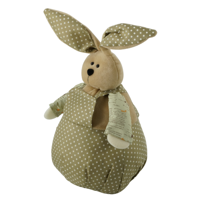 Zbliżenie na miękkiego zajączka wielkanocnego z profilu. Widoczna struktura materiału w kropki oraz stabilne wypełnienie figurki dekoracyjnej o wysokości 30 cm.