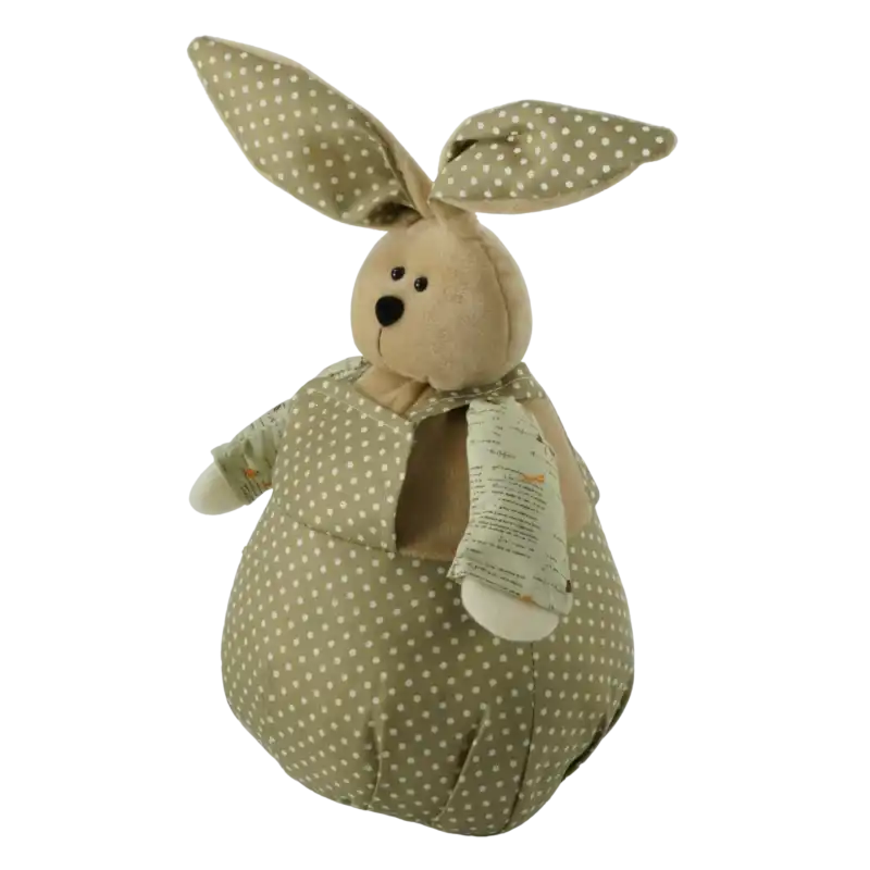 Zbliżenie na miękkiego zajączka wielkanocnego z profilu. Widoczna struktura materiału w kropki oraz stabilne wypełnienie figurki dekoracyjnej o wysokości 30 cm.