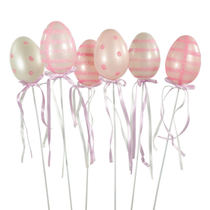 Komplet 6 plastikowych pisanek wielkanocnych o wysokości 6 cm na białym druciku. Jaja w kolorach różu i bieli ozdobione brokatowymi wzorami oraz wstążeczkami. Eleganckie ozdoby na piku do świątecznych kompozycji kwiatowych.