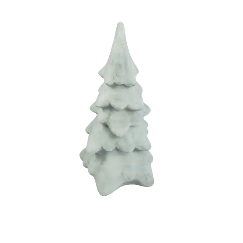 Choinka gipsowa dekoracyjna w kolorze szarym o wysokości 30 cm. Klasyczna forma z odlewu gipsowego, idealna jako ozdoba wnętrza. Szerokość produktu wynosi 14 cm, a grubość 15 cm. Pasuje do kolekcji skrzaty gipsowe.
