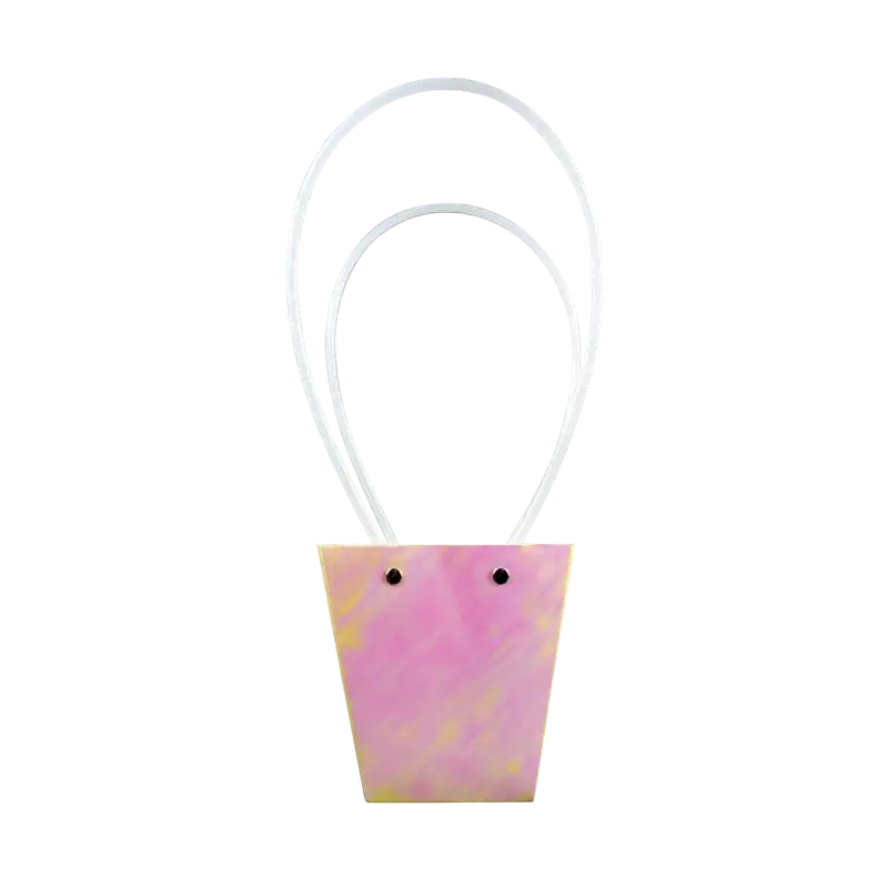 Pusta torebka na kwiaty o wysokości 33 cm. Produkt w opalizujących barwach z dwoma białymi uchwytami mocowanymi na metalowe nity, widoczny w ujęciu frontalnym.