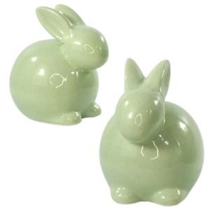 Dwa zielone zające ceramiczne o wysokości 13 cm. Nowoczesna, pastelowa dekoracja wielkanocna, która świetnie sprawdzi się jako samodzielna ozdoba lub element świątecznego stroika.