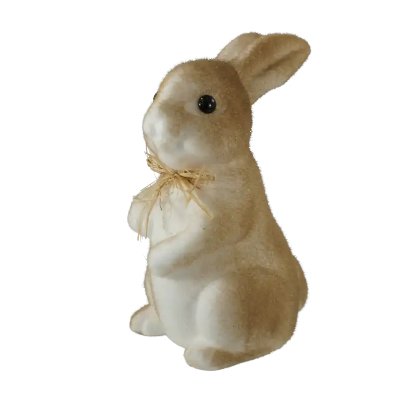Zając wielkanocny 26 cm w odcieniach brązu z flokowanym wykończeniem i ozdobną kokardą. Dekoracja do stroików.